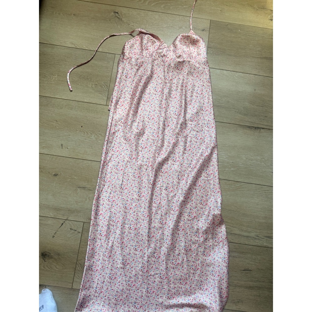 Princess Polly Pink Floral Satin Maxi Dress Tie Back V-Neck Slip Dress Size 6 #